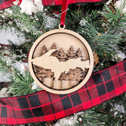 Upper Peninsula of Michigan Christmas Ornament, Yooper Wooden UP shape Wood Ornament, Upper Michigan Round Xmas tree souvenir