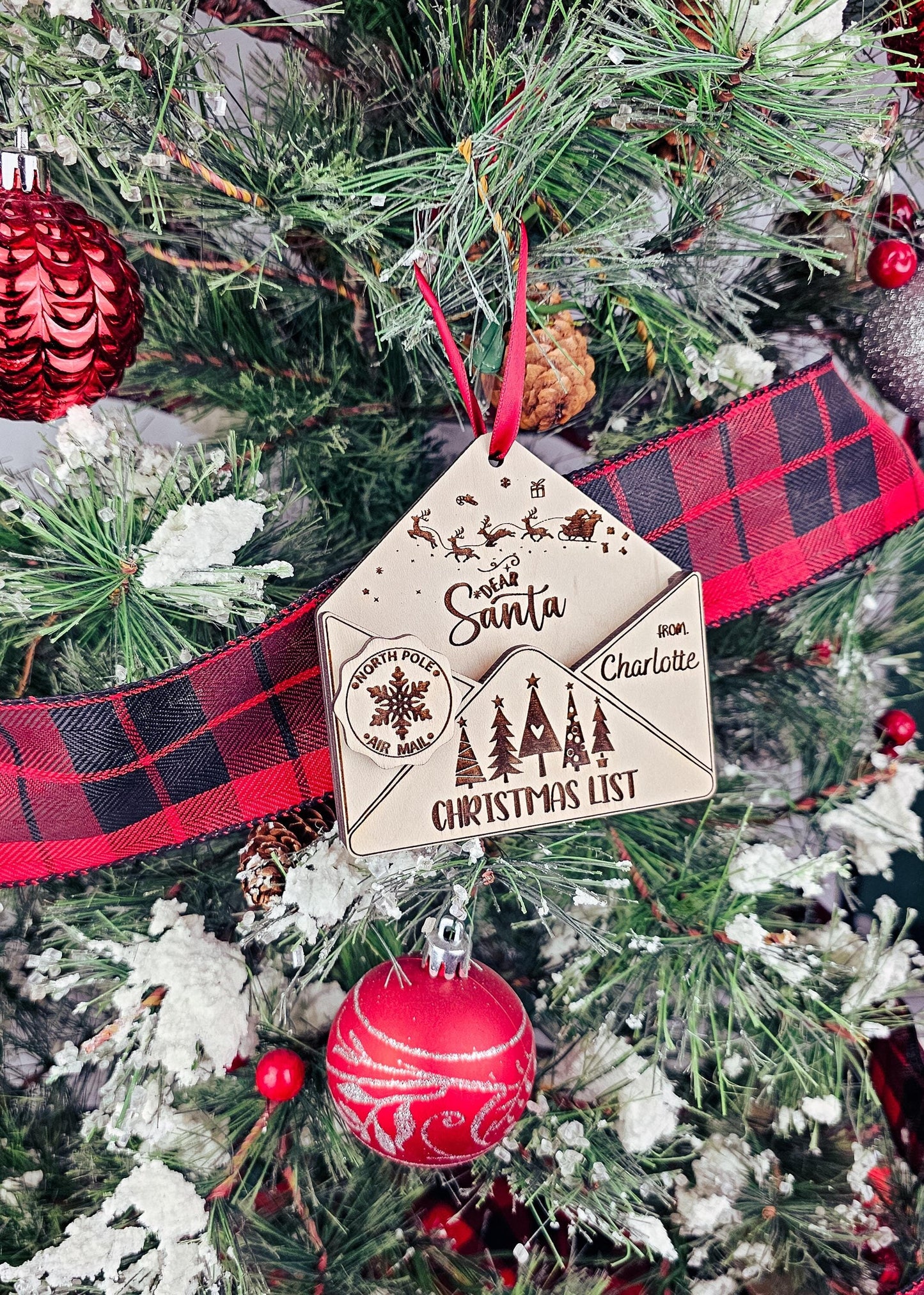 personalized wooden christmas ornament, shaped like an envelope for kids dear santa letters, wish lists