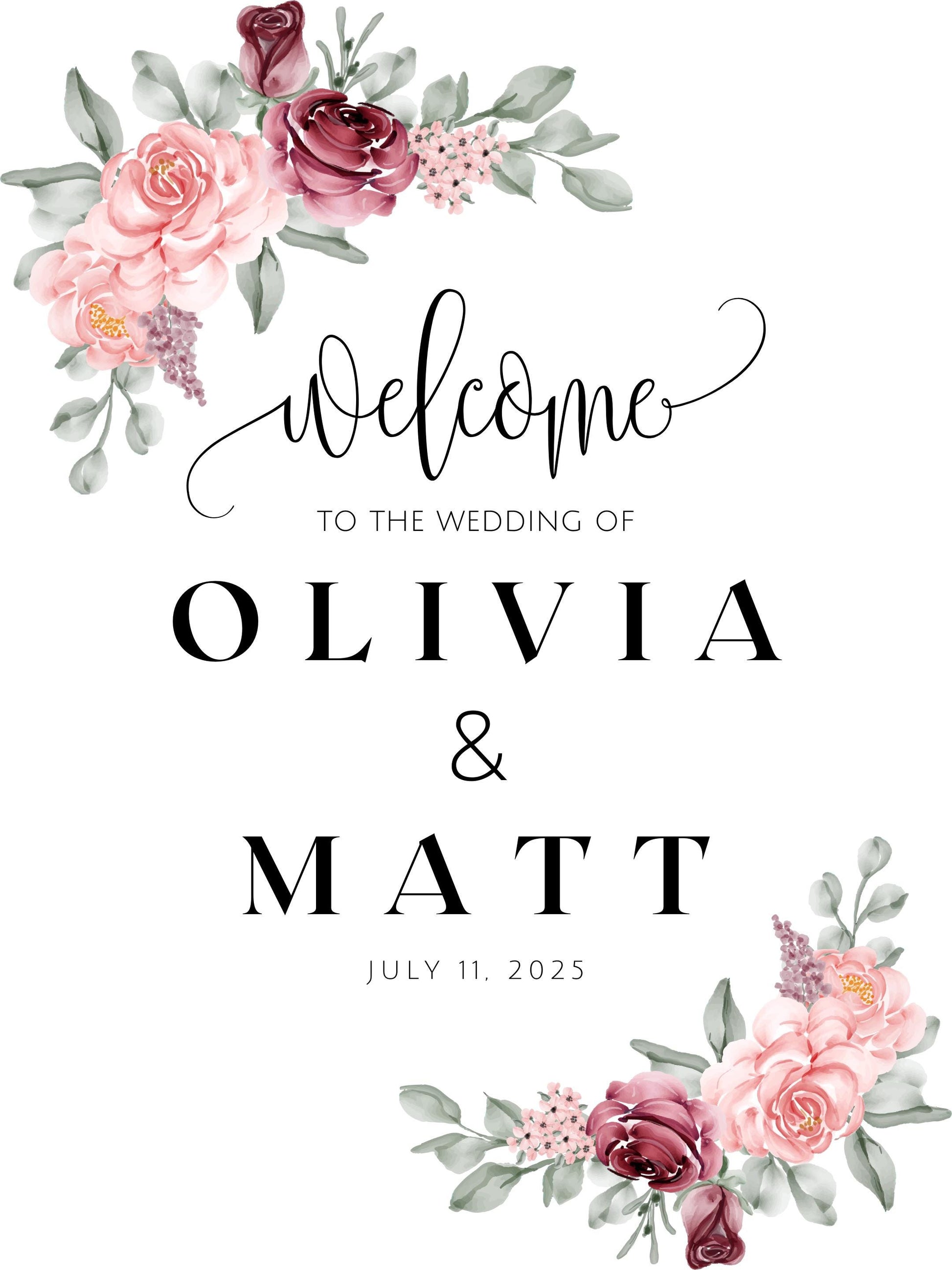 Custom Wedding Welcome Sign, Canvas Personalized with Name & Date Elegant Floral Decor, Ceremony Sign, Lightweight, Easy to hang Scroll Like