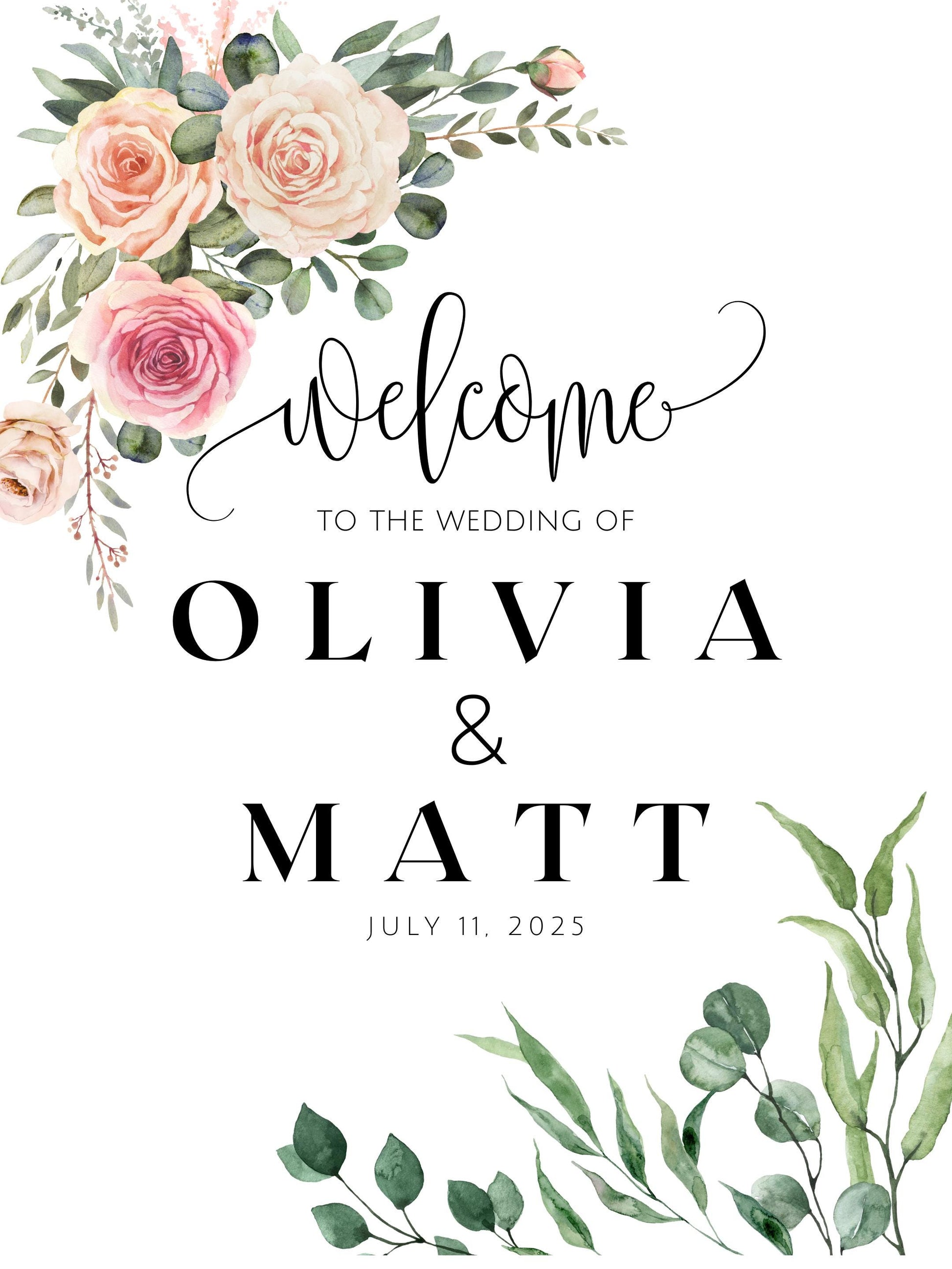 Custom Wedding Welcome Sign, Canvas Personalized with Name & Date Elegant Floral Decor, Ceremony Sign, Lightweight, Easy to hang Scroll Like