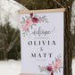 custom welcome to our wedding sign, ceremony entrance, reception entrance wedding decor, personalized with welcome message, couples names and date of venue, accented with floral designs in the corners, sign has wood top & bottom, it is made from canvas, it hangs freely with a rope on top.