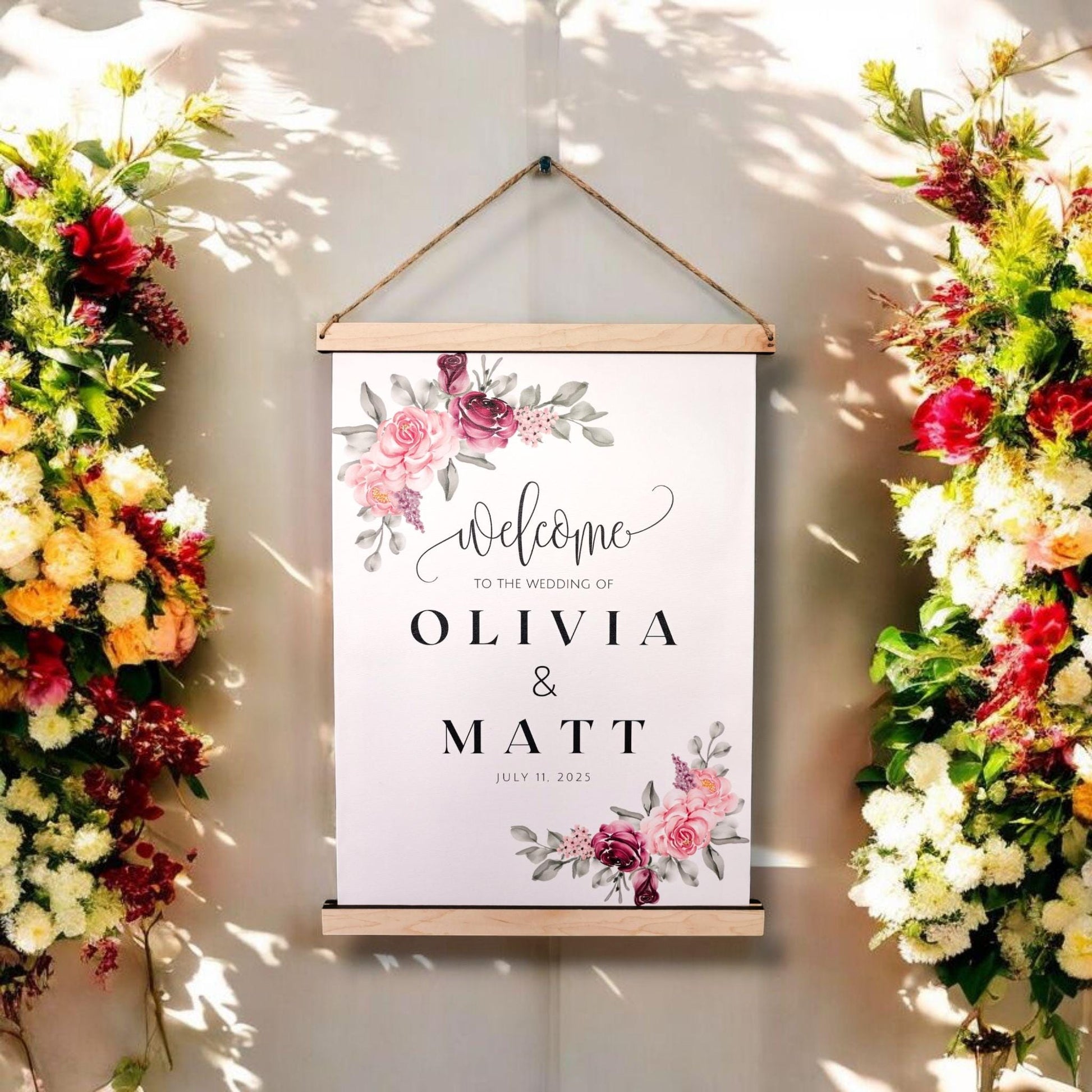 Custom Wedding Welcome Sign, Canvas Personalized with Name & Date Elegant Floral Decor, Ceremony Sign, Lightweight, Easy to hang Scroll Like