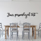 May include: A wooden dining table with four gray chairs. The table has a light brown wood finish and the chairs have a light gray finish. The wall behind the table is white and has black cursive text that reads 'Your personalized text'.