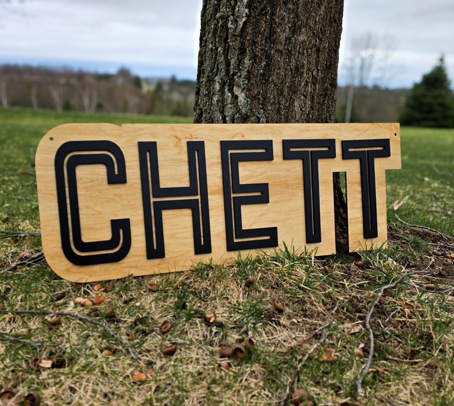 May include: A wooden sign with the name "CHETT" in black, stylized lettering. The sign is rectangular with rounded corners and is set against a backdrop of grass and a tree trunk.