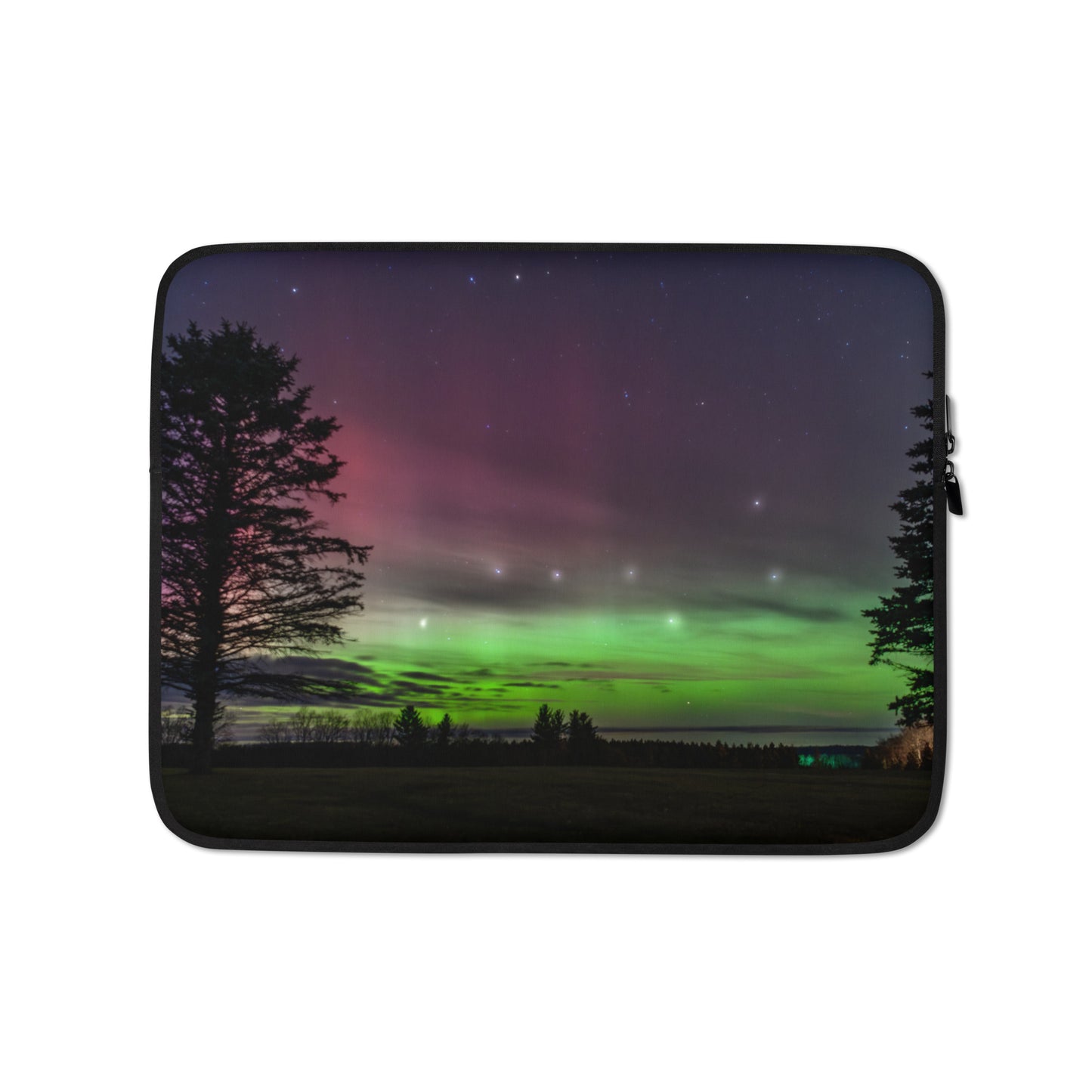 Northern Lights Laptop Case Sleeve - Big Dipper & Pine Tree Silhouette, Michigan Aurora Borealis Tech Cover
