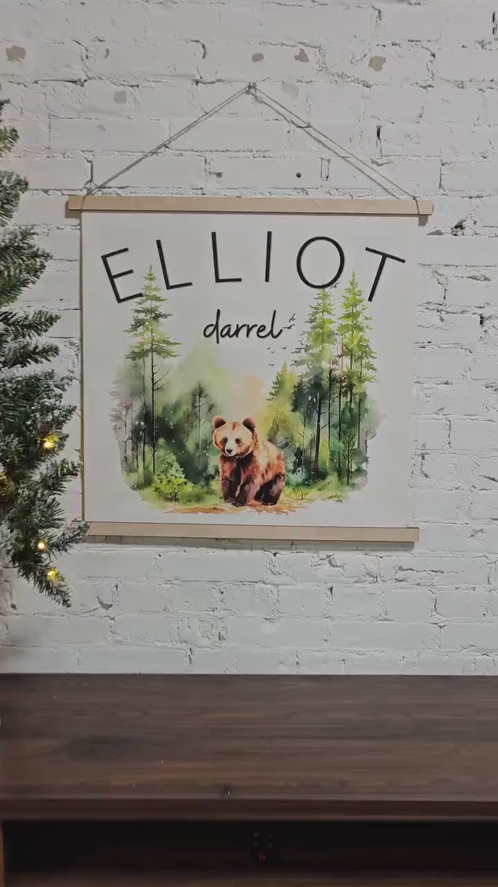 Custom Nursery Name Sign Banner, Woodland animals Decor, Personalized Hanging Wall Art Printed Canvas, Kid's Room Sign Decoration