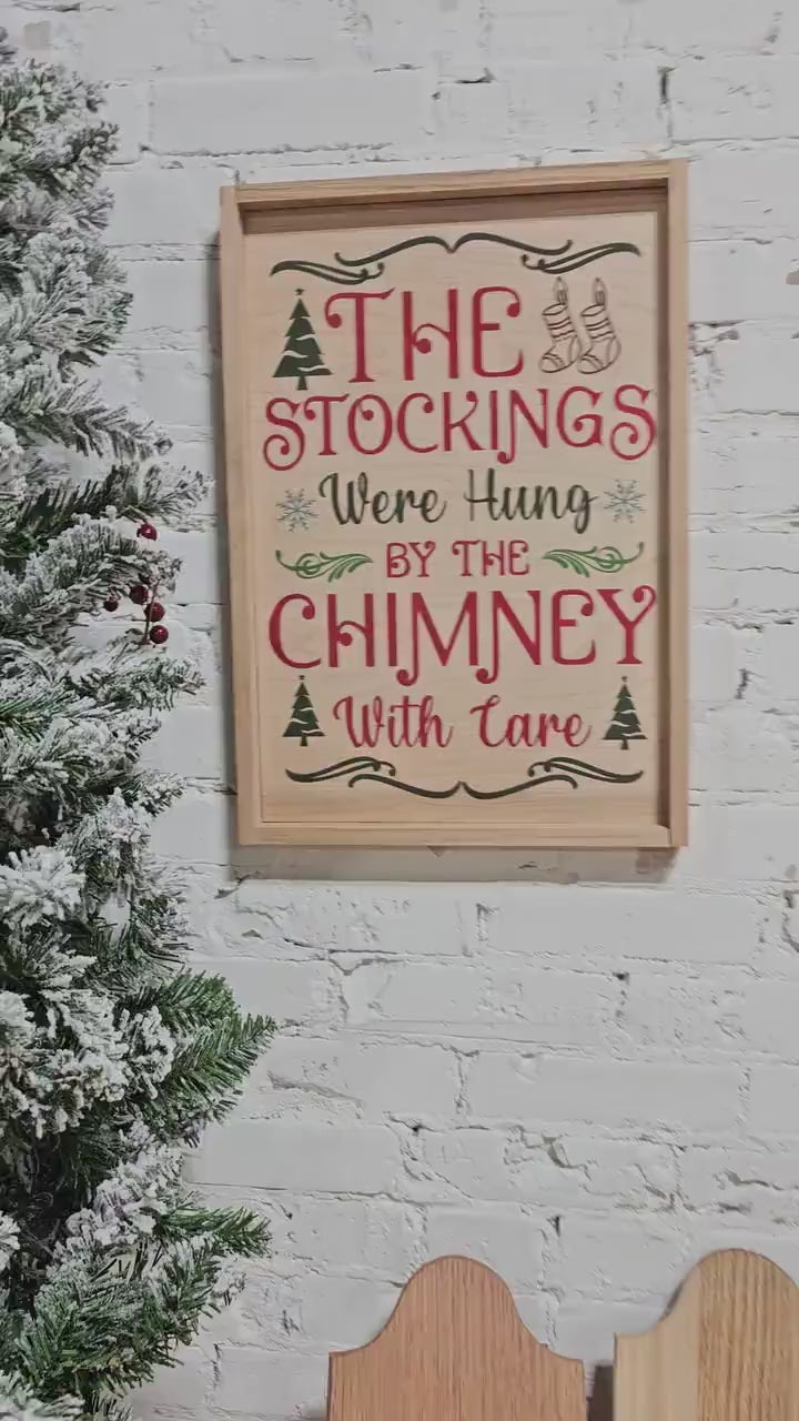 Stockings were hung by the Chimney Decor Wooden Sign, Framed, Tree Bulb Decoration, Holiday Season, Xmas Bow, Farmhouse Boho Natural Style
