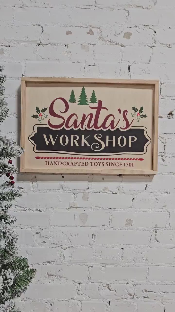 Santa's WorkShop Decor Wooden Sign, Framed, Reindeer, Holiday Season, Handcrafted Toys wall art, Mistletoe, Farmhouse Boho Natural Style