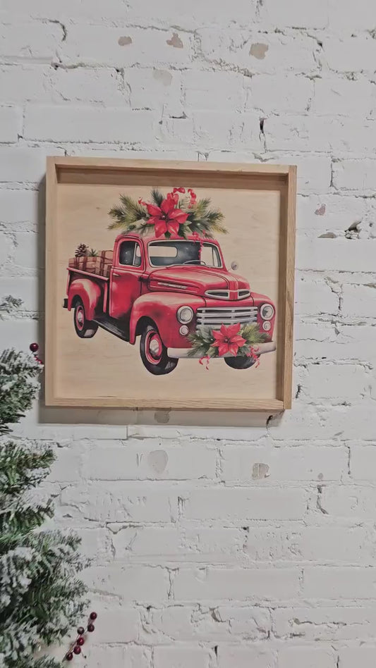 Vintage Little Red Christmas Truck & tree Decor Wooden Sign, Framed, Holiday Season Decorations, Farmhouse Boho Natural Wood