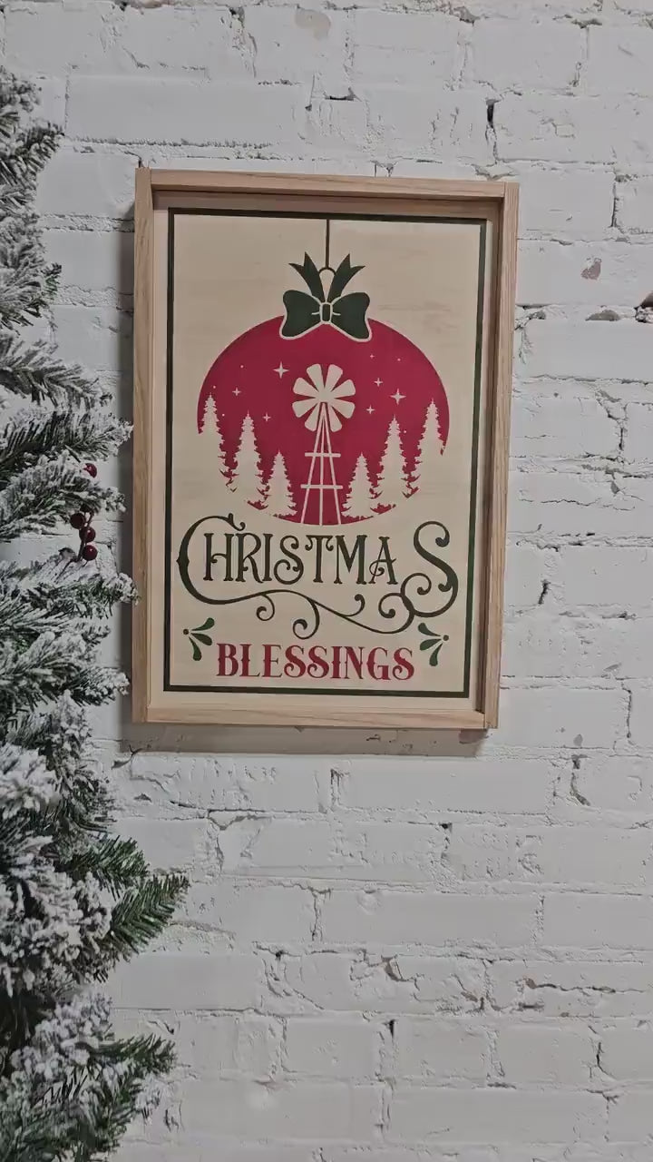 Christmas Blessings Decor Wooden Sign, Framed, Tree Bulb Decoration, Holiday Season, Xmas Bow, Farmhouse Boho Natural Style