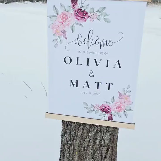 Custom Wedding Welcome Sign, Canvas Personalized with Name & Date Elegant Floral Decor, Ceremony Sign, Lightweight, Easy to hang Scroll Like