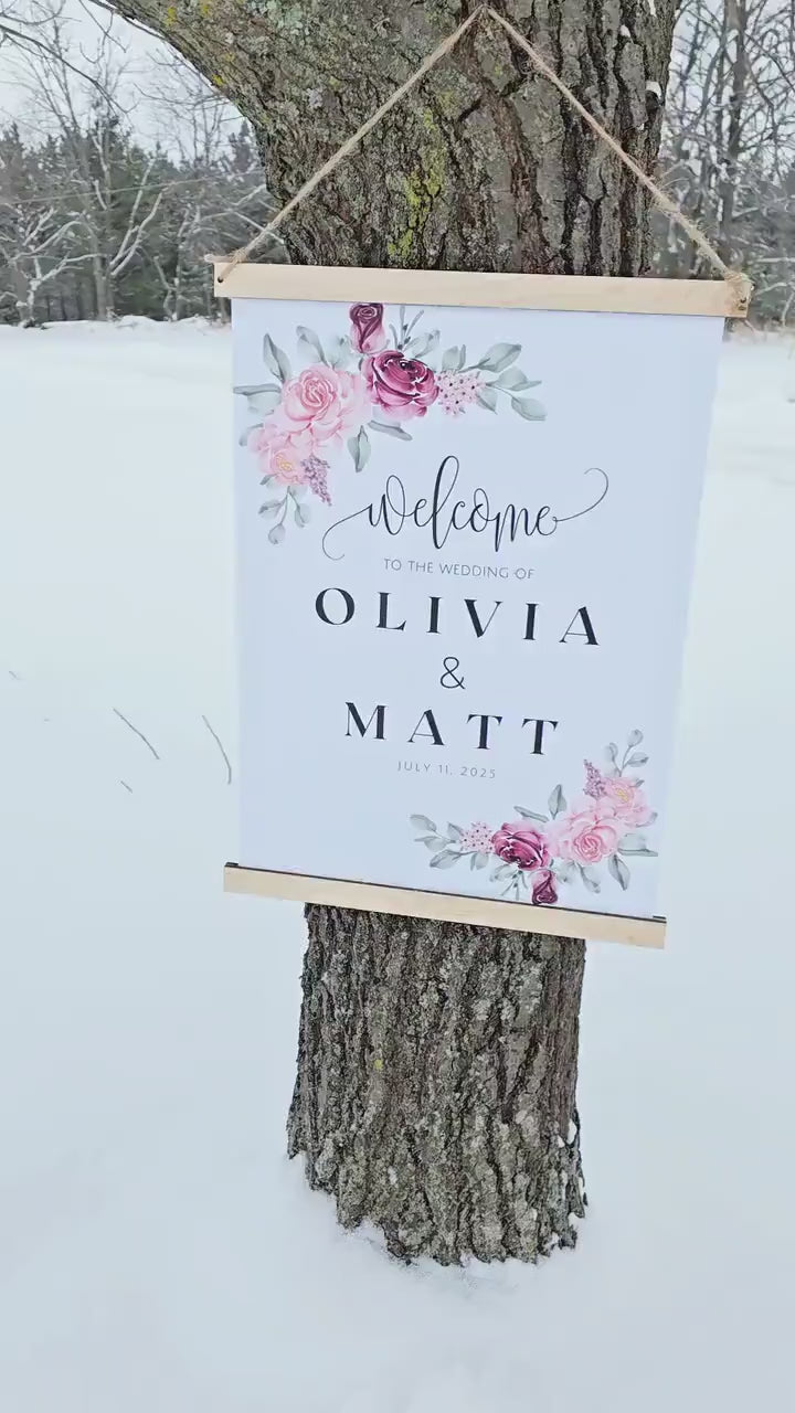 Custom Wedding Welcome Sign, Canvas Personalized with Name & Date Elegant Floral Decor, Ceremony Sign, Lightweight, Easy to hang Scroll Like