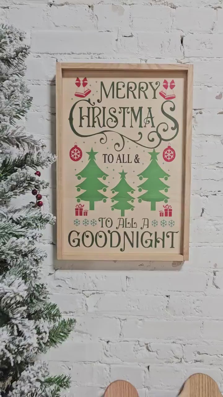 Merry Christmas to all Goodnight Decor Wooden Sign, Framed, Santa Reindeer, Holiday Season, Xmas Tree, Snowflakes, Farmhouse Boho Natural