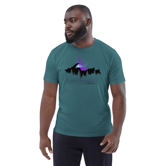 Upper Peninsula Of Michigan T-shirt with Northern Lights, Unisex organic cotton t-shirt