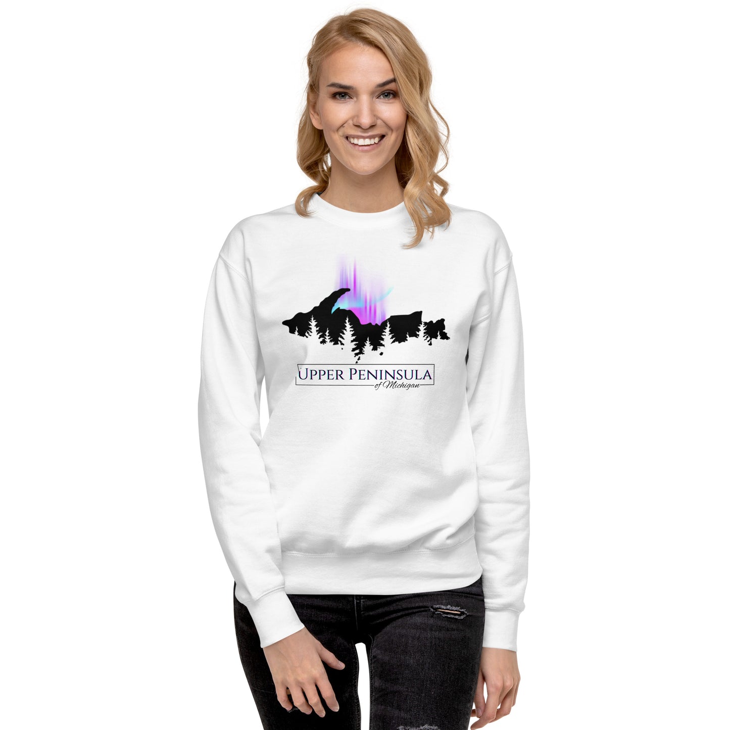 Upper Peninsula of Michigan Unisex Premium Sweatshirt with Northern Lights & Pine trees