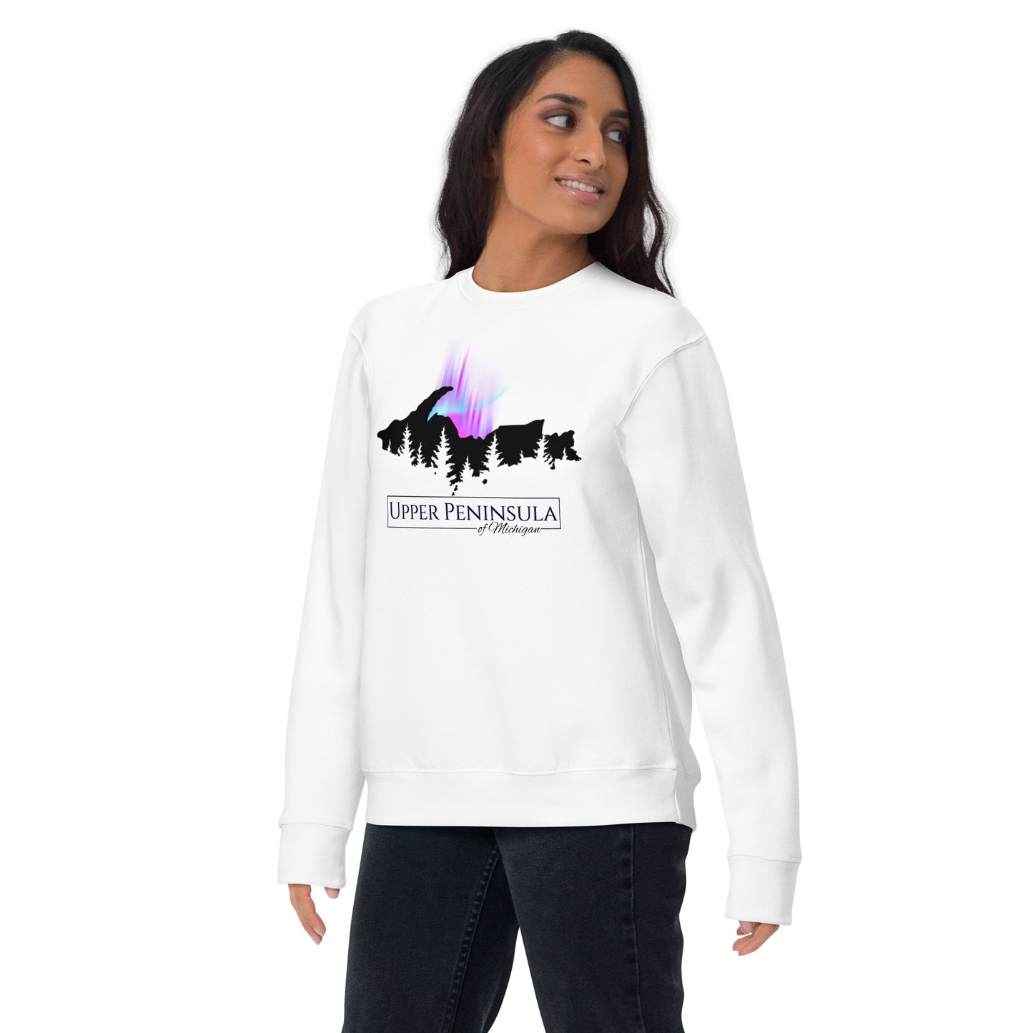 Upper Peninsula of Michigan Unisex Premium Sweatshirt with Northern Lights & Pine trees