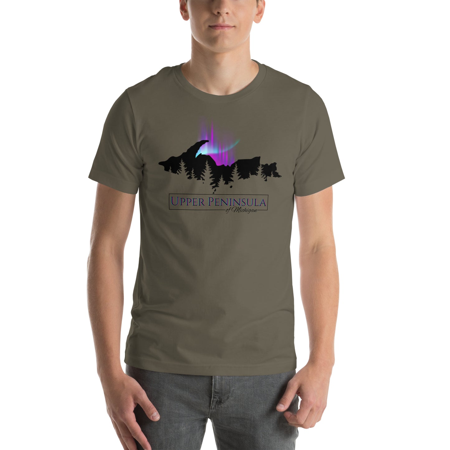 Upper Peninsula of Michigan Shirt with Northern Lights & Pine trees, Unisex t-shirt