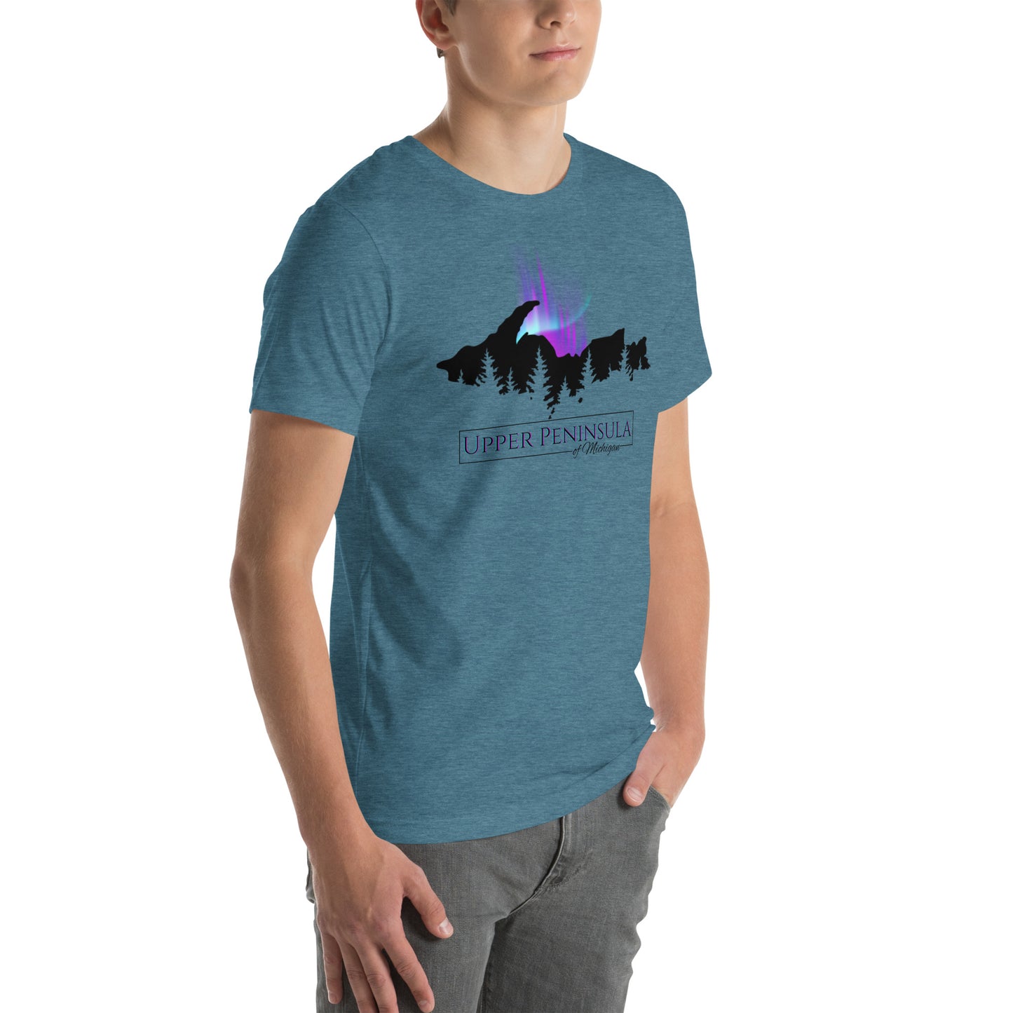 Upper Peninsula of Michigan Shirt with Northern Lights & Pine trees, Unisex t-shirt