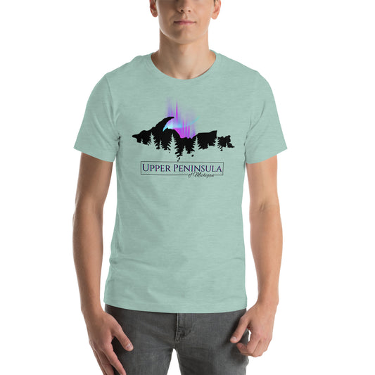 Upper Peninsula of Michigan Shirt with Northern Lights & Pine trees, Unisex t-shirt