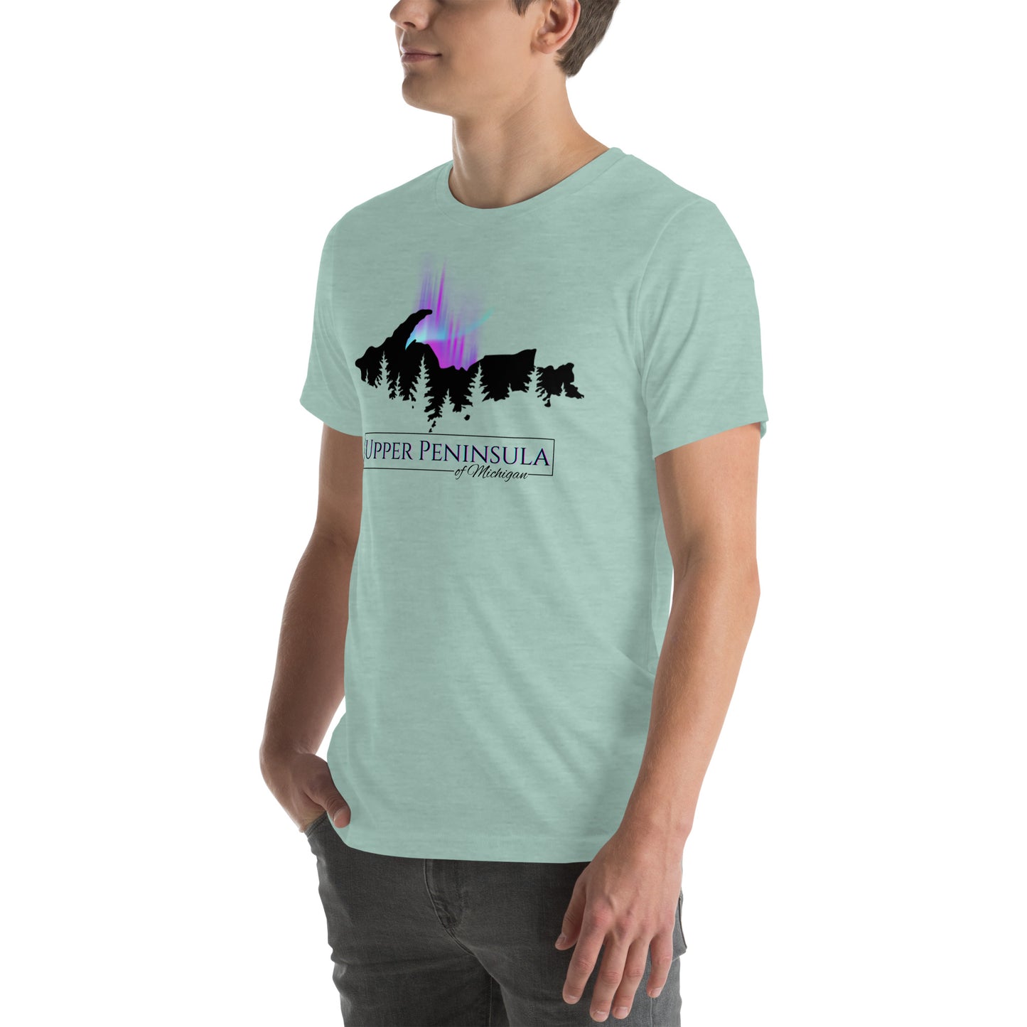 Upper Peninsula of Michigan Shirt with Northern Lights & Pine trees, Unisex t-shirt