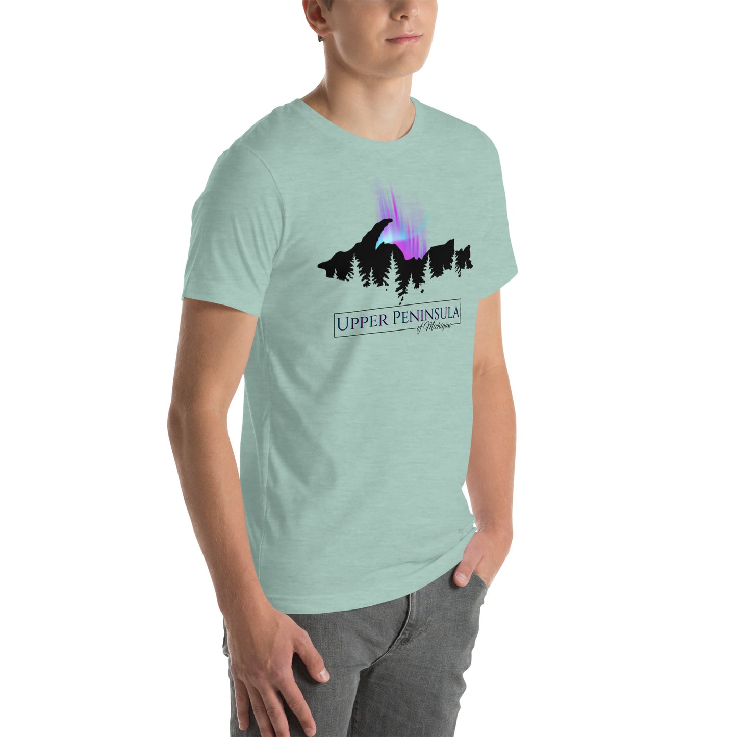 Upper Peninsula of Michigan Shirt with Northern Lights & Pine trees, Unisex t-shirt