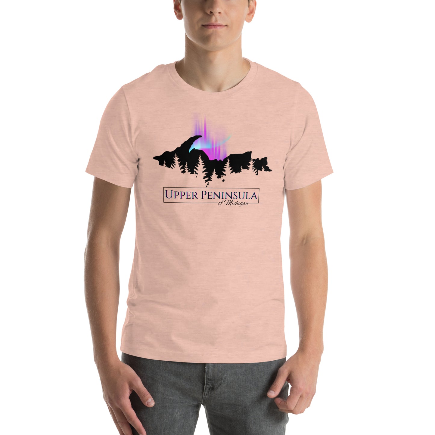 Upper Peninsula of Michigan Shirt with Northern Lights & Pine trees, Unisex t-shirt