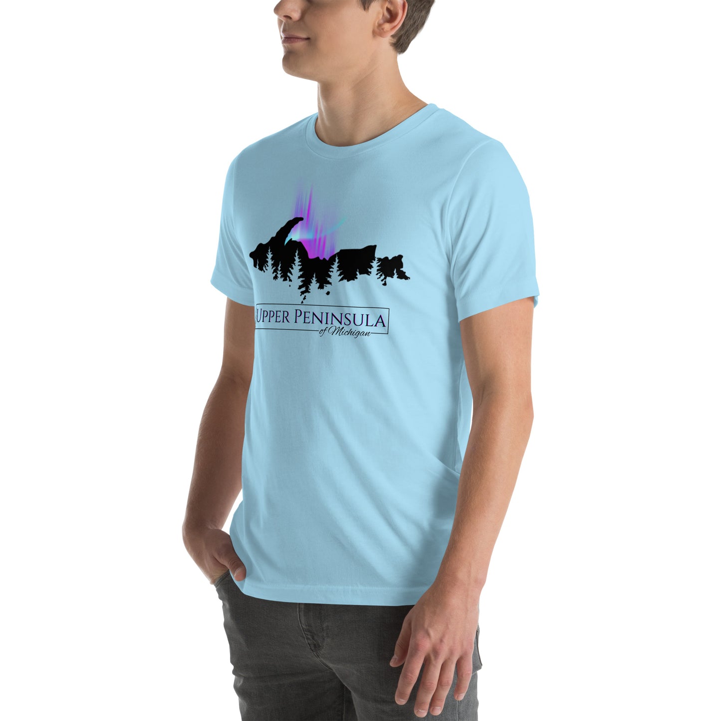 Upper Peninsula of Michigan Shirt with Northern Lights & Pine trees, Unisex t-shirt