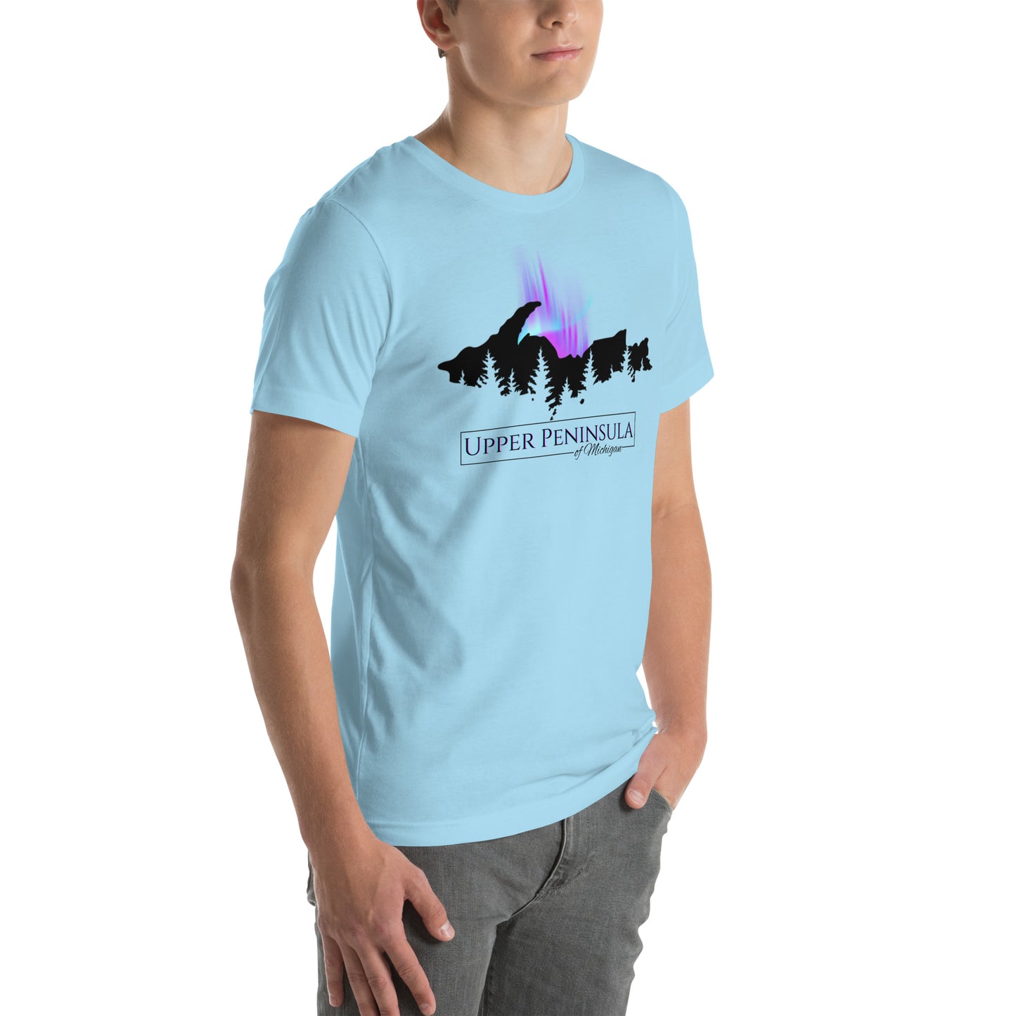 Upper Peninsula of Michigan Shirt with Northern Lights & Pine trees, Unisex t-shirt