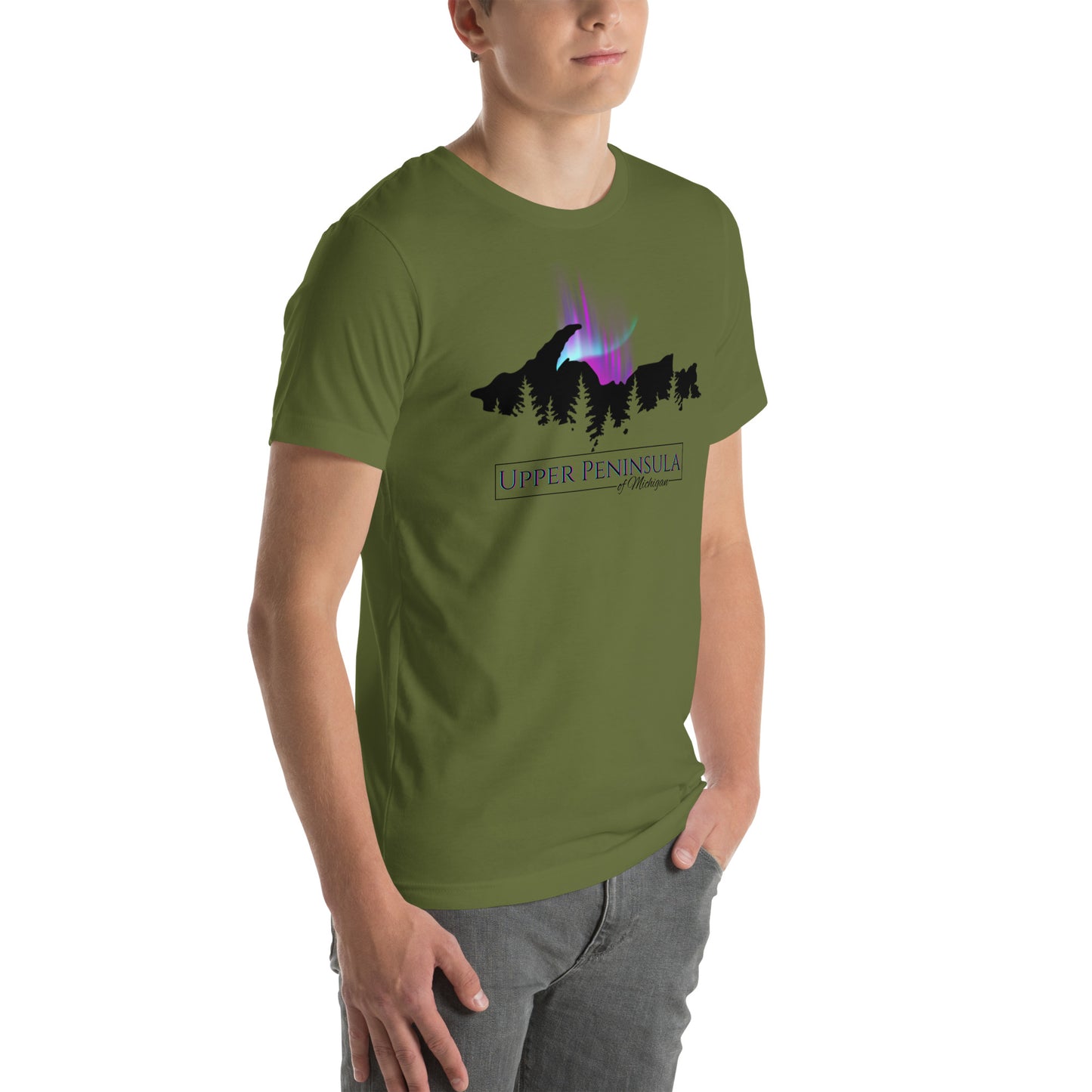 Upper Peninsula of Michigan Shirt with Northern Lights & Pine trees, Unisex t-shirt