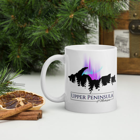 Upper Peninsula of Michigan with Northern Lights & Pine tree Coffee Mug, White glossy mug