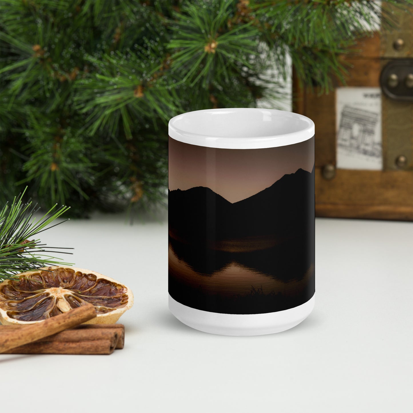 Rocky Mountain Sunrise Reflection Mug - Sprague Lake Nature Scene Coffee Cup, White glossy mug