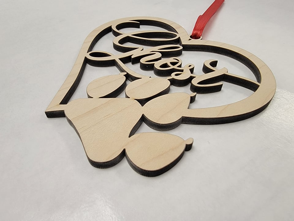 Personalized Christmas ornament for Pets. Heart shaped Wood Cut Out, with paw print & pet's name