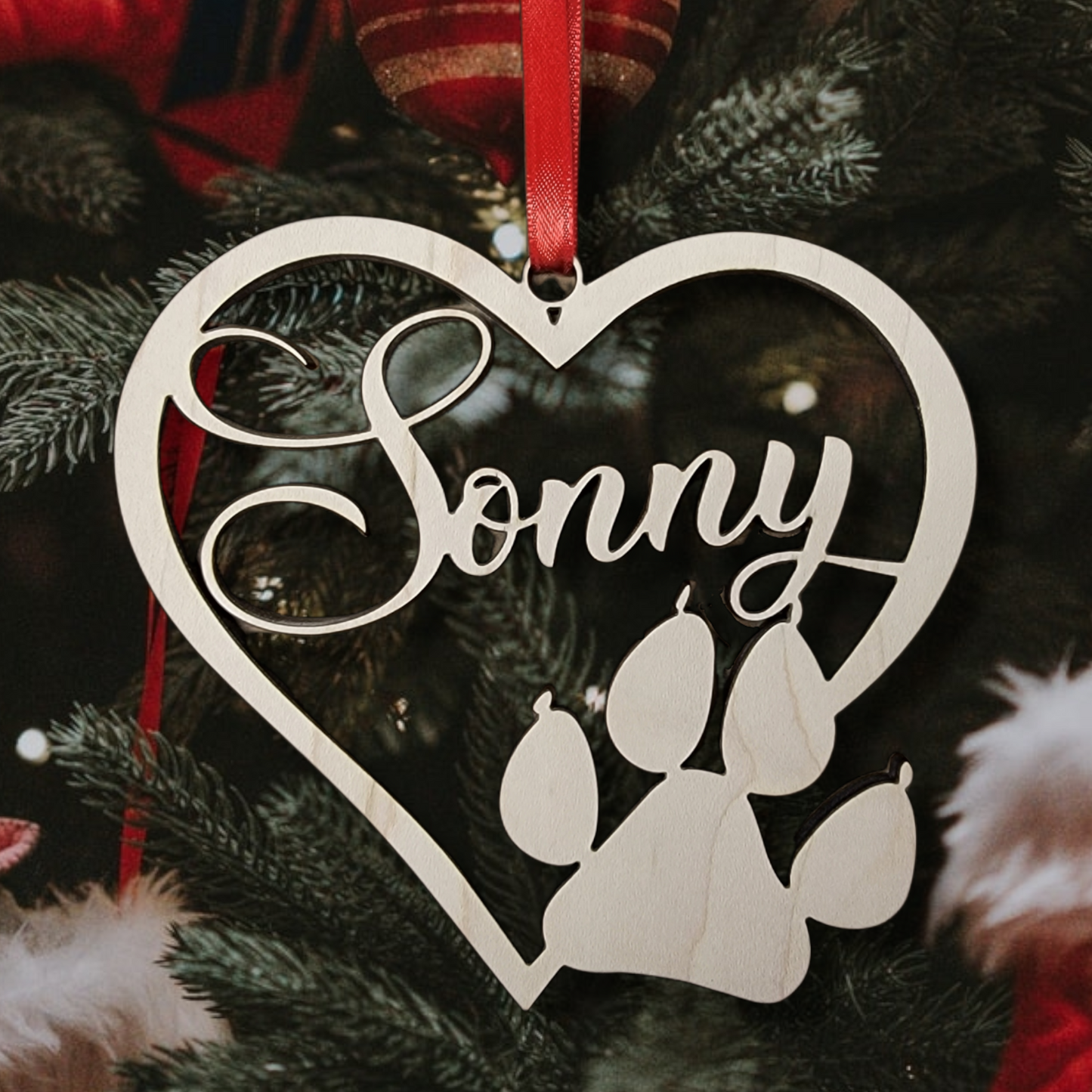 Personalized Christmas ornament for Pets. Heart shaped Wood Cut Out, with paw print & pet's name