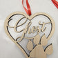 Personalized Christmas ornament for Pets. Heart shaped Wood Cut Out, with paw print & pet's name