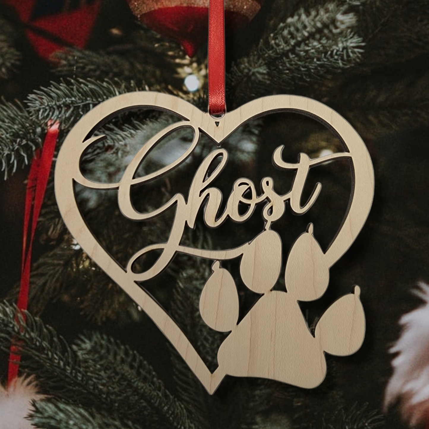 Personalized Christmas ornament for Pets. Heart shaped Wood Cut Out, with paw print & pet's name