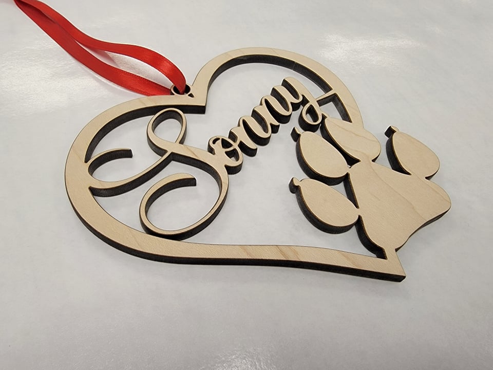 Personalized Christmas ornament for Pets. Heart shaped Wood Cut Out, with paw print & pet's name