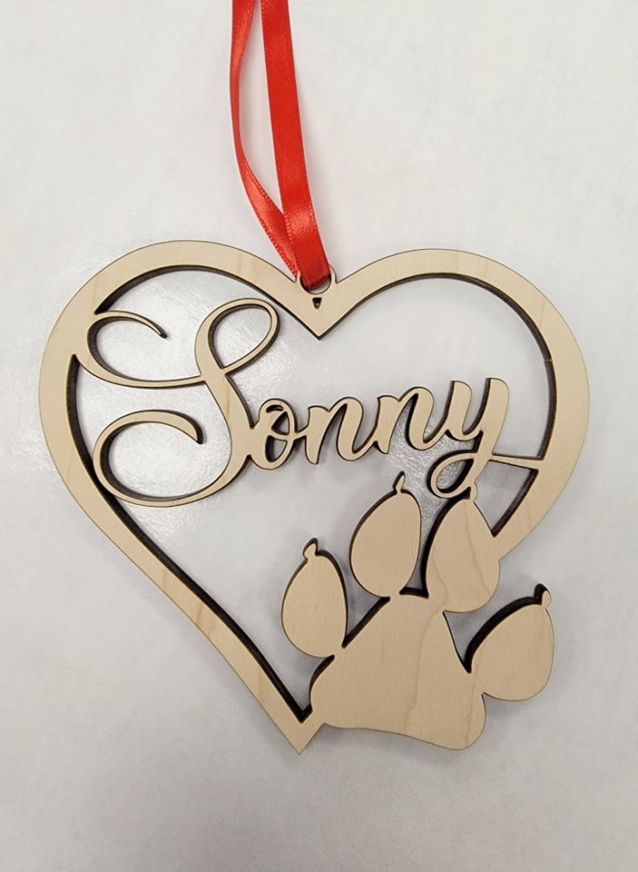 Personalized Christmas ornament for Pets. Heart shaped Wood Cut Out, with paw print & pet's name