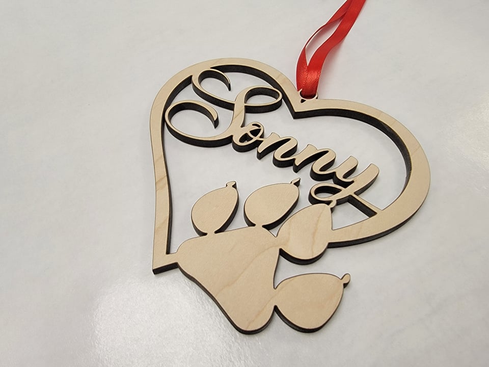 Personalized Christmas ornament for Pets. Heart shaped Wood Cut Out, with paw print & pet's name