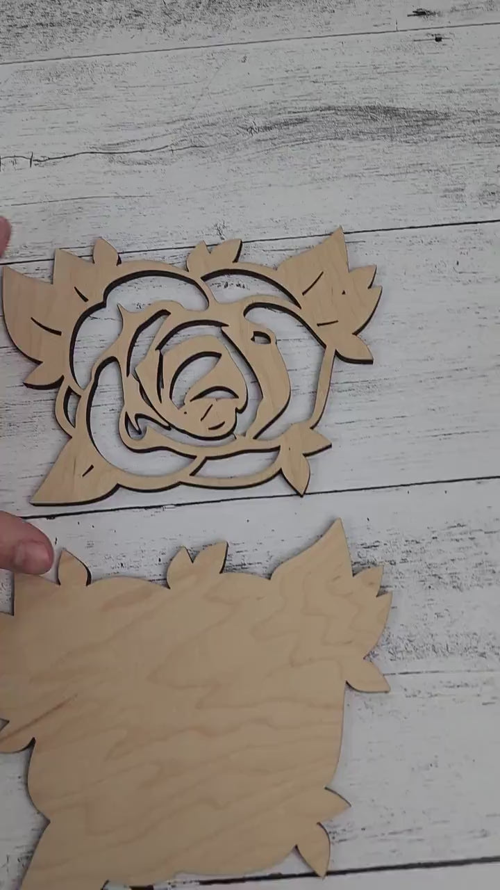 Wood Flower Rose Cut out with petals, Flower shapes, Wooden floral pattern for signs, flowery blanks for crafts, unfinished DIY, sign making
