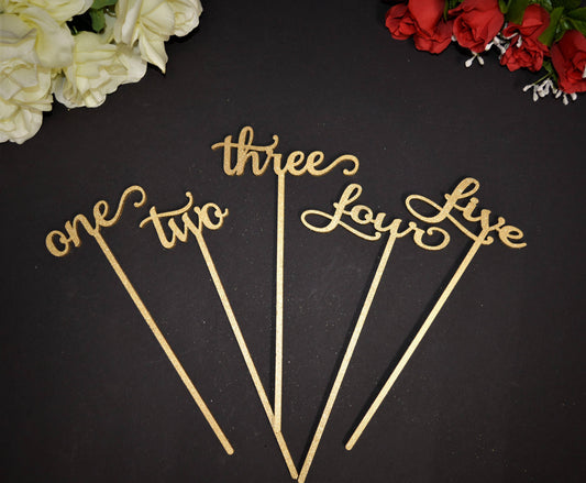 Gold Glitter Wedding Table Numbers with attached stakes