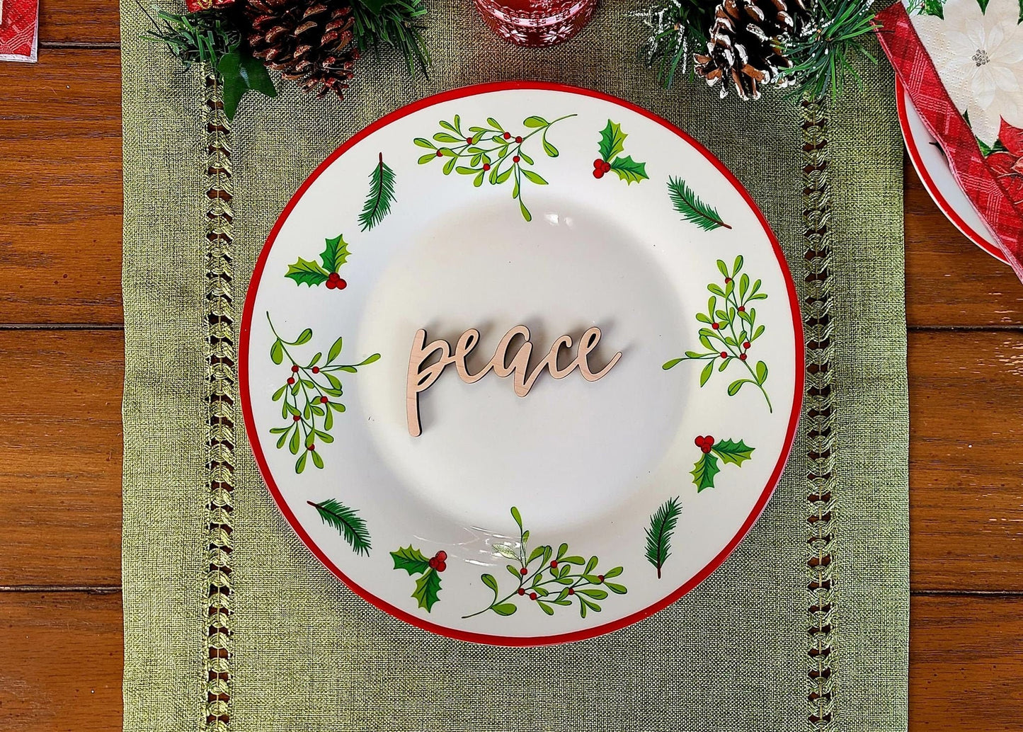 Peace Place Cards, Christmas Plate setting cards, Christmas Wooden Word, Holiday Decor, Christmas Place settings, Small Wood Peace Sign