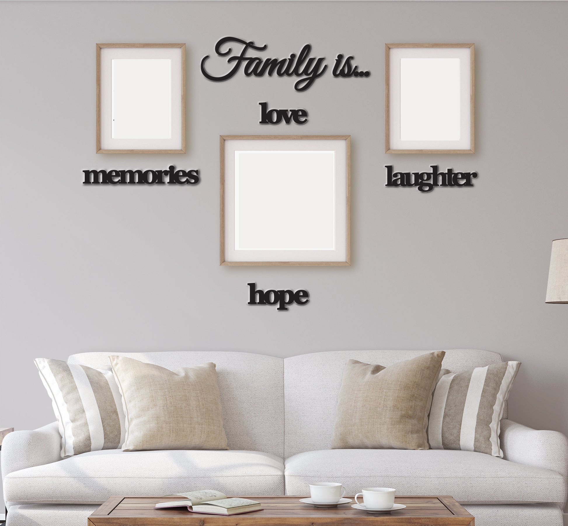 Wood words for gallery wall, Family is memories laughter love hope, word cutouts for picture collage wall, DIY project Home Decor Wall Art