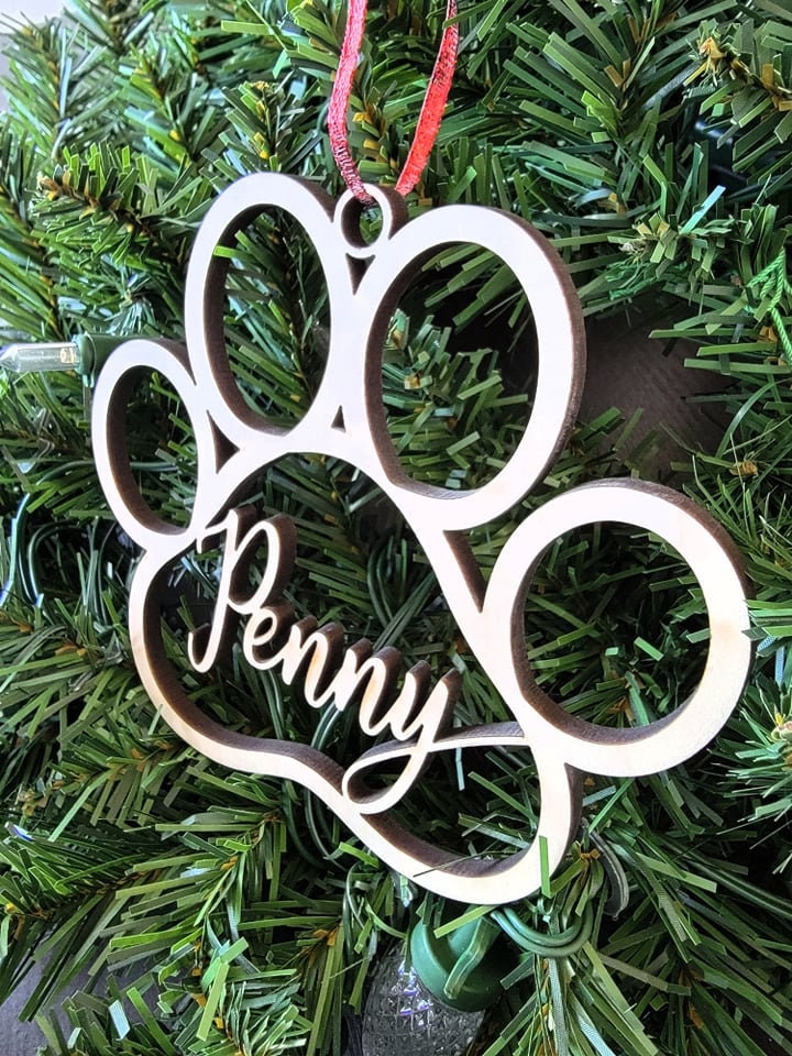 Personalized Pet Christmas Ornament, Custom Paw Print, Cat Print Ornaments, Wooden PawPrint Ornament, Personalizable pet christmas ornaments