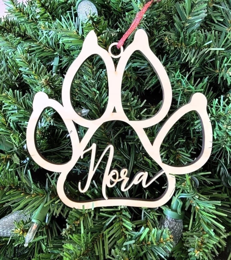 Personalized Pet Christmas Ornament, Custom Paw Print, Dog Print Ornaments, Wooden PawPrint Ornament, Personalizable pet christmas ornaments