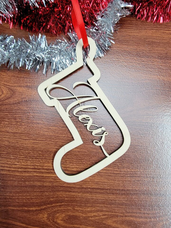 Personalized Stocking Christmas Ornament, Custom Name Stocking Ornaments, Wooden Christmas Ornament, Customized Ornaments for child names