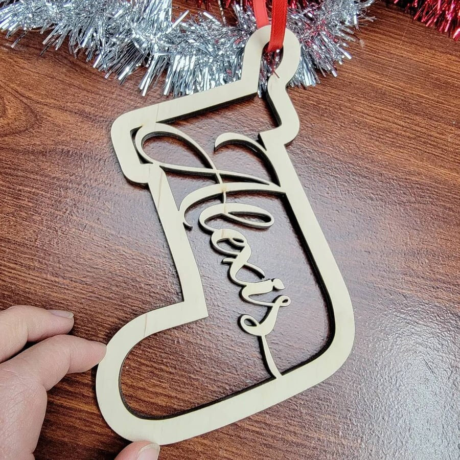 Personalized Stocking Christmas Ornament, Custom Name Stocking Ornaments, Wooden Christmas Ornament, Customized Ornaments for child names