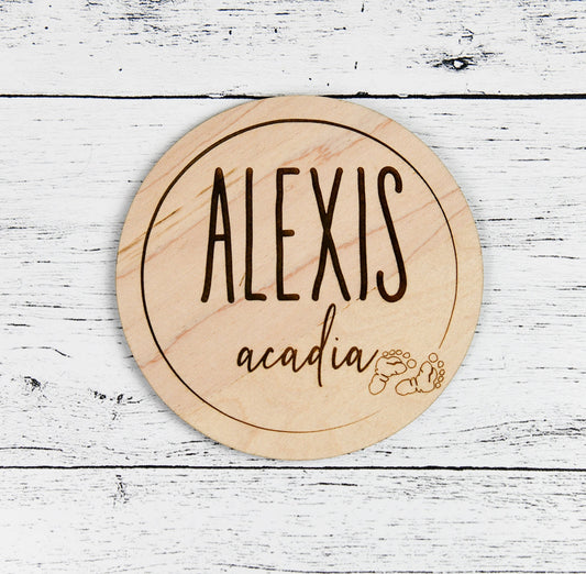 Baby Name Sign Small, Wood, Custom Baby Name Reveal, Newborn Photo Prop, Personalized Nursery Baby Keepsake, Baby Shower Gift, Wooden Disc