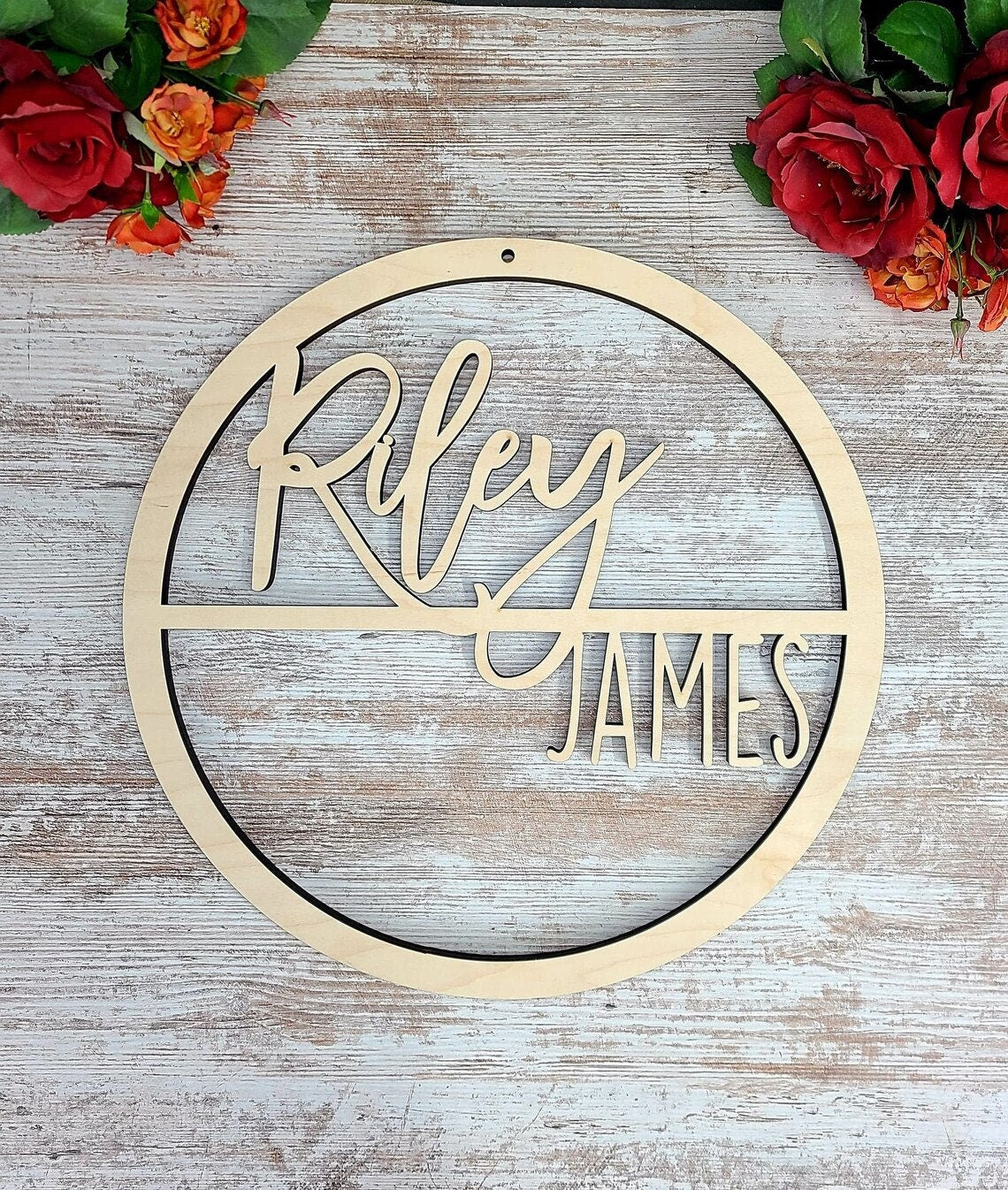 Custom Name Sign, First & Middle Name. Personalized Name Sign Wood Round, Script Font, Baby Shower Gift, Boy Girl Nursery Decor, Name Reveal