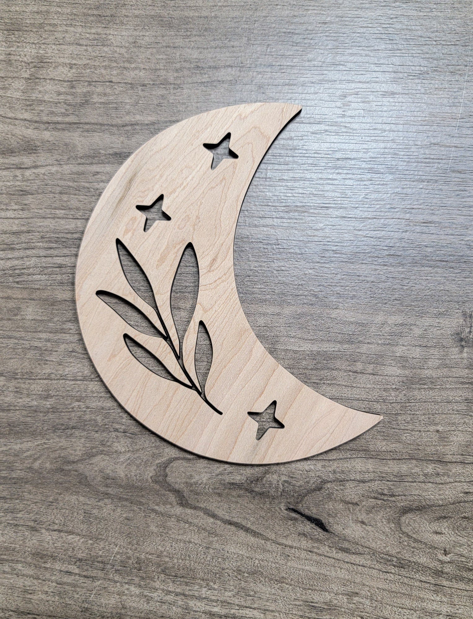 Crescent Moon + Leaf Wood Shape Sign, Wooden Moon Shape Blank, Unfinished Cut out, Crafts DIY for Sign Making, Boho Decor theme Natural 005