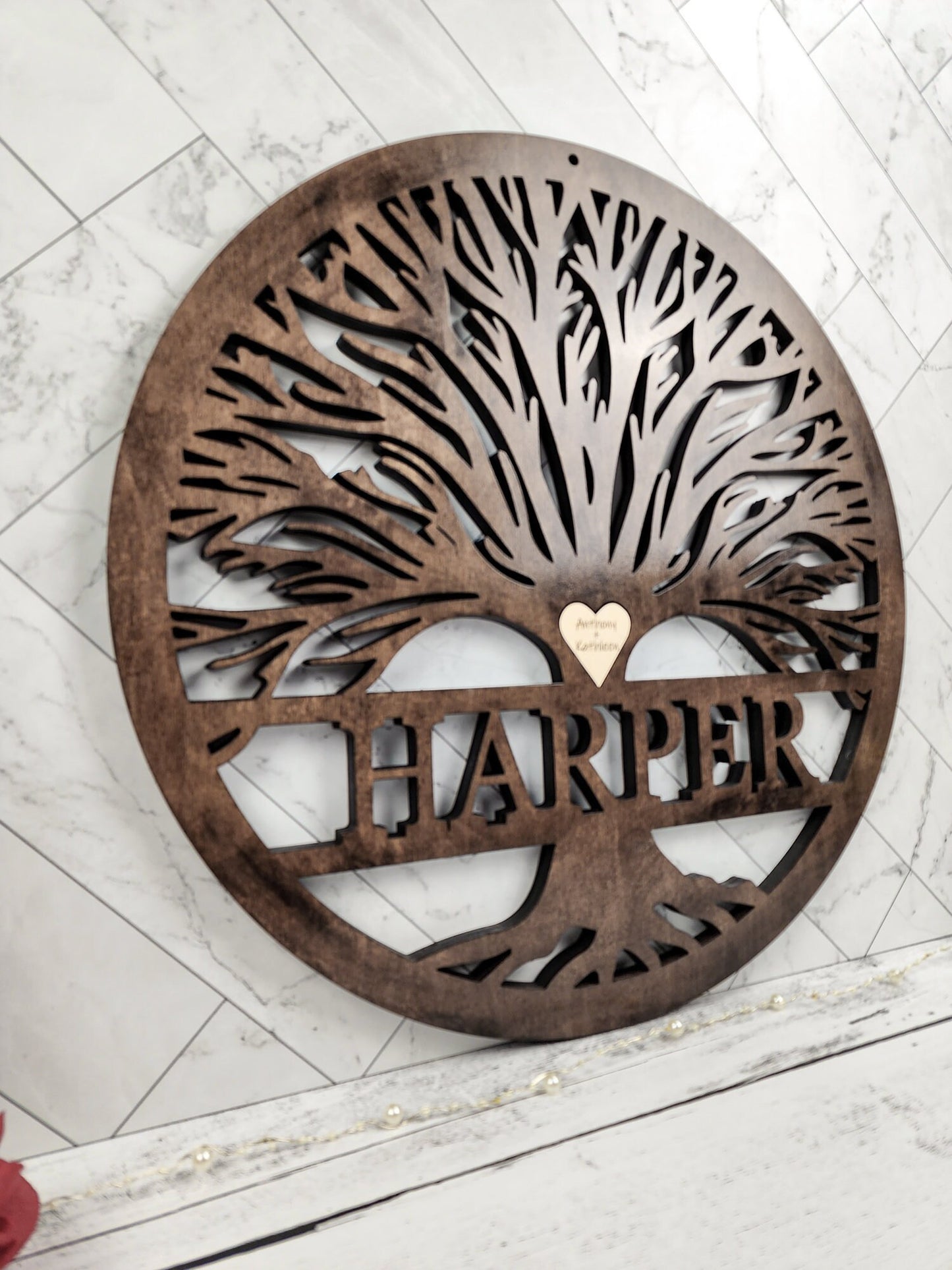 Tree Of Life Wood Sign, Custom Wall Art with Family Tree with Last Name, Wooden Circle with Tree, Roots, Heart, Mothers or Fathers Day Gift